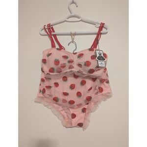 NWT 1950s Style Retro Stage Two Piece Swimsuit STRAWBERRY Pink Womens Sz Large